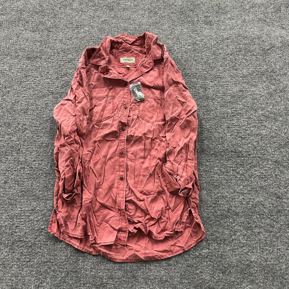 Express Shirt Womens S Red Lyocell Boyfriend Relaxed Fit Long Sleeve Button Up